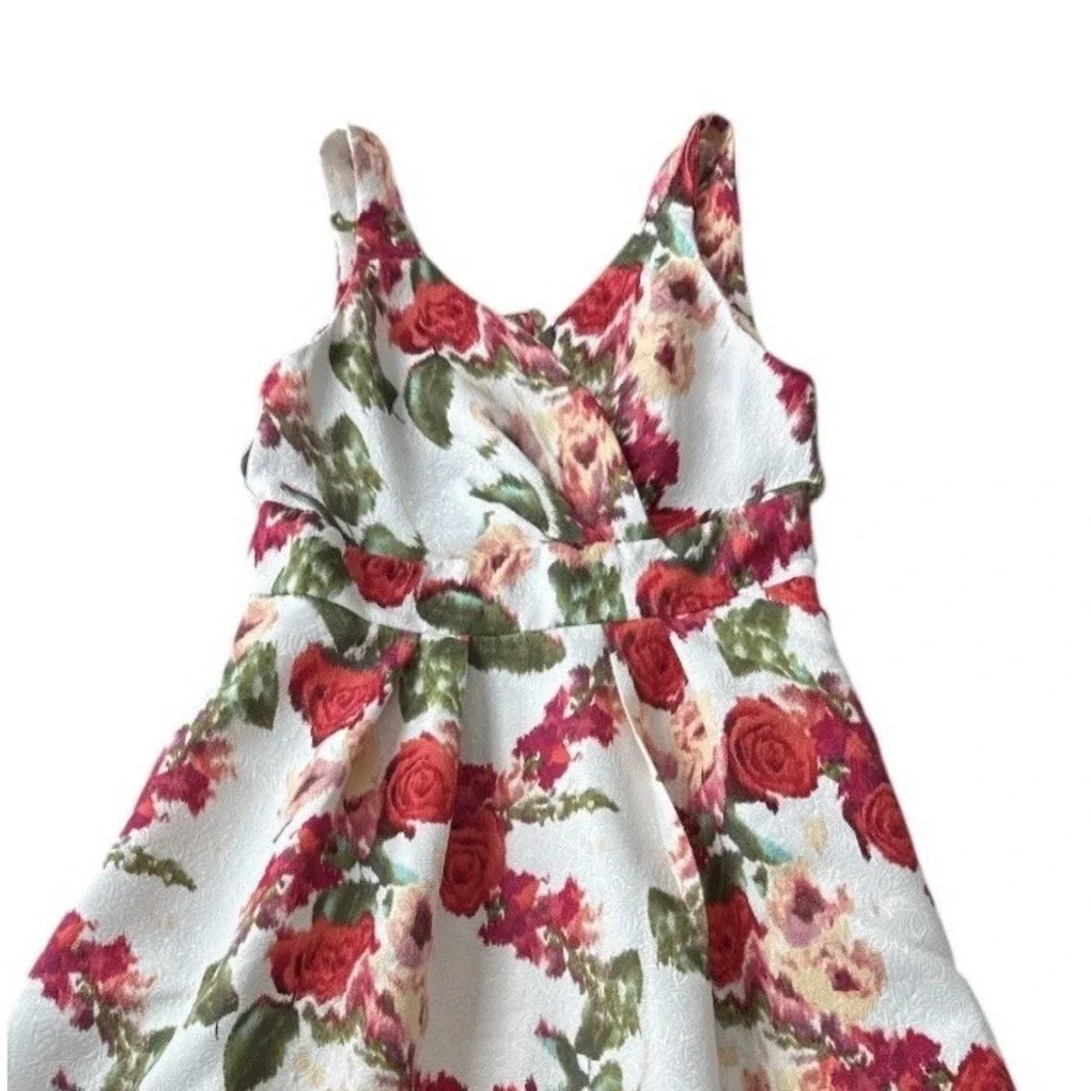 Maison Tara Jacquard Fit & Flare Dress Size 14 Red White Floral Print Tea Garden